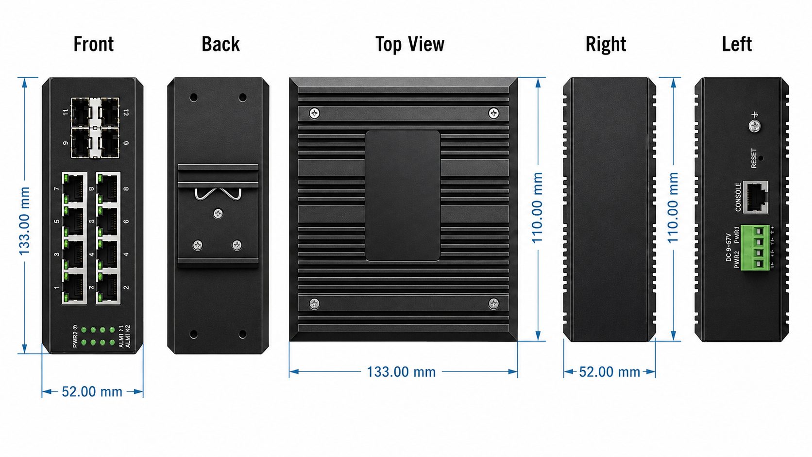 Switch industriale gestito per montaggio su guida DIN, 8 porte Gigabit Ethernet e 4 porte Gigabit SFP, dimensioni 133 × 110 × 52 mm
