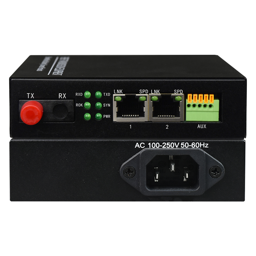 Conversor de mídia de fibra 2FE com serial (RS232/RS422/RS485/fechamento de contato seco)