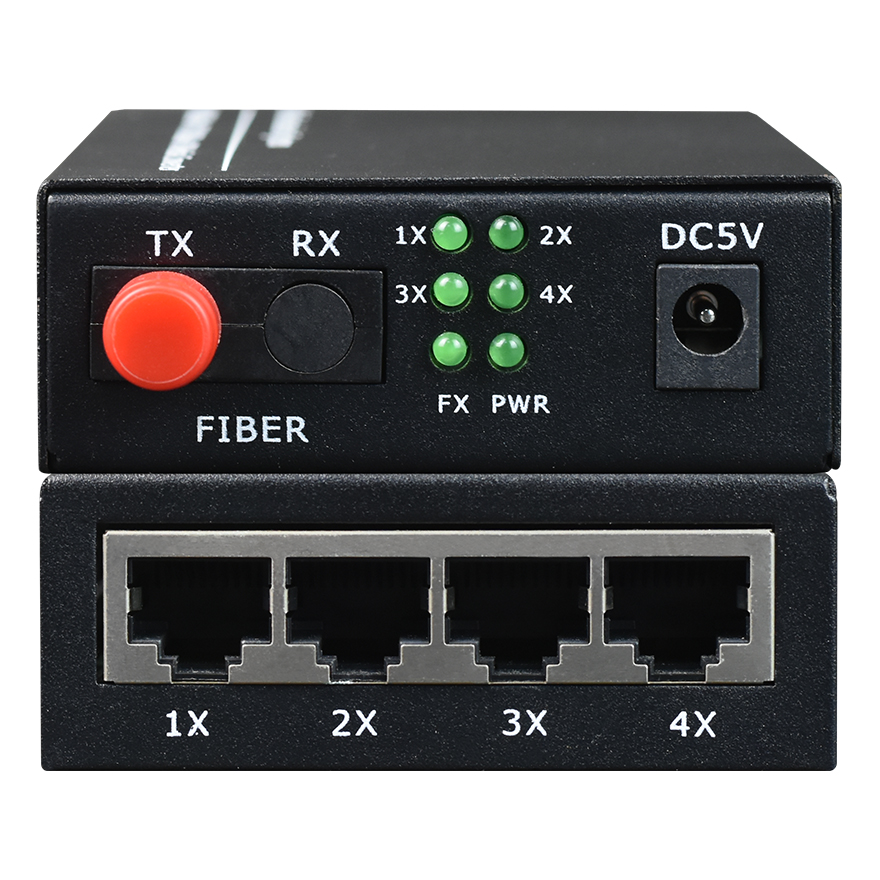 1 Optical to 4*100Base-FX Fiber Media Converter  (power external)