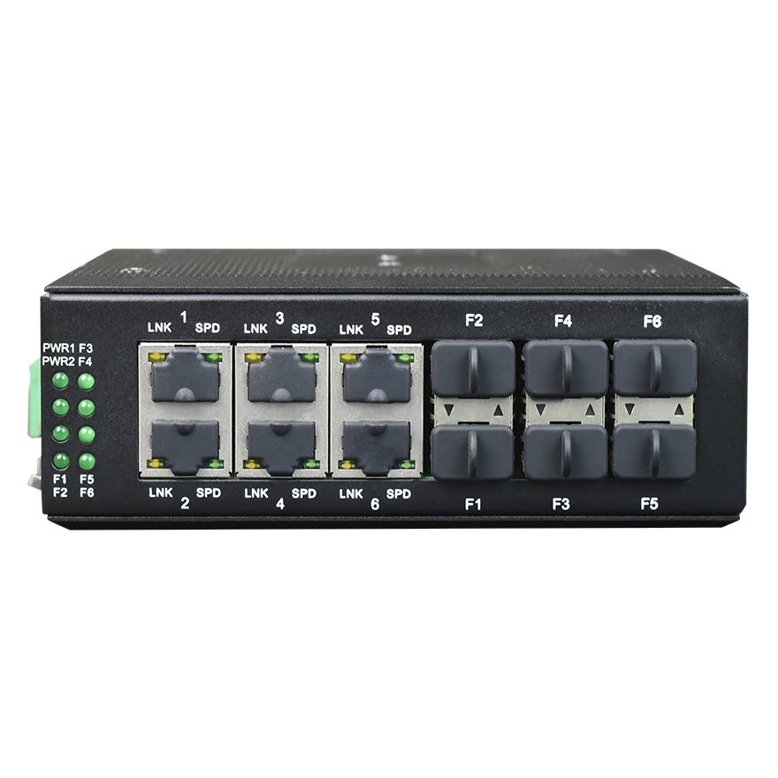 مفتاح شبكة حلقي صناعي مُدار من Din-Rail مزود بـ 6 منافذ Gigabit Ethernet + 6 منافذ Gigabit SFP
