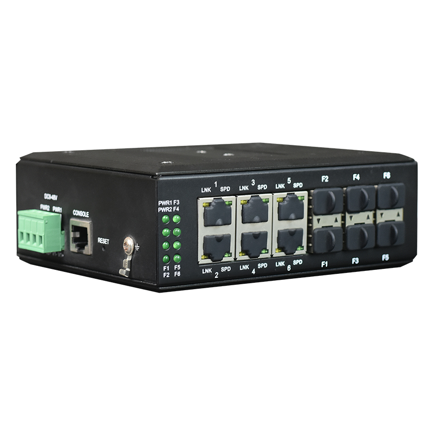 مفتاح شبكة حلقي صناعي مُدار من Din-Rail مزود بـ 6 منافذ Gigabit Ethernet + 6 منافذ Gigabit SFP