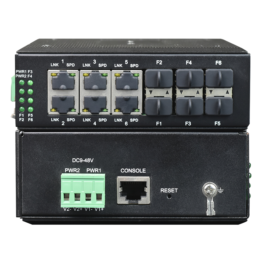 مفتاح شبكة حلقي صناعي مُدار من Din-Rail مزود بـ 6 منافذ Gigabit Ethernet + 6 منافذ Gigabit SFP