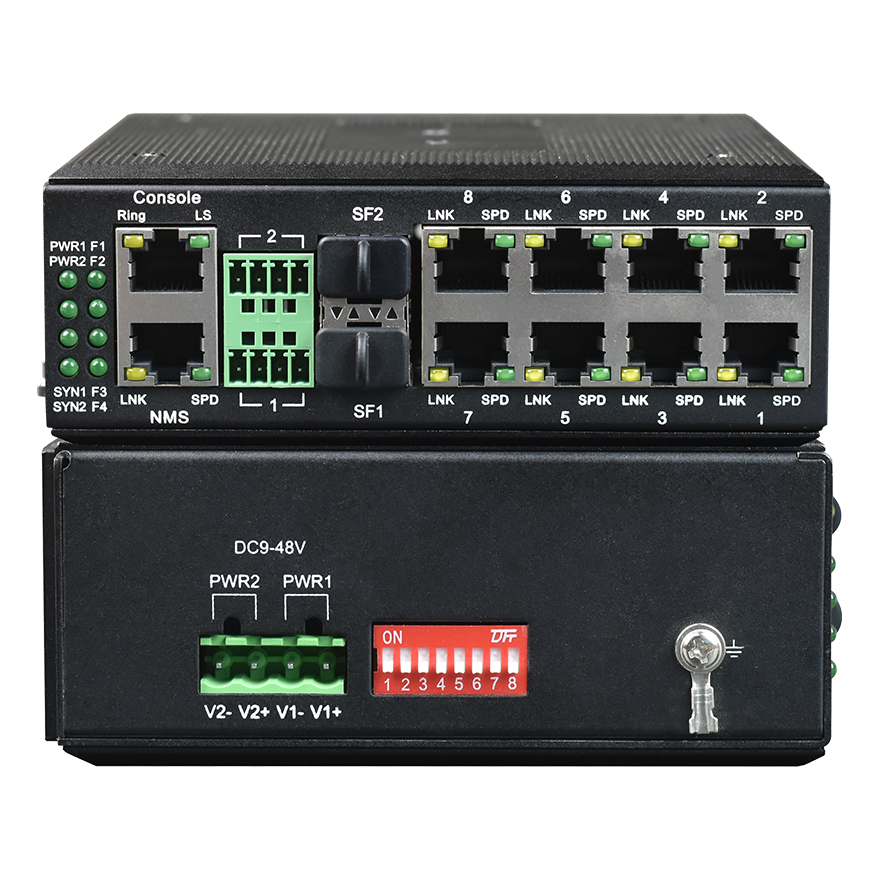 Managed Din-Rail 8-Port 10/100M Ethernet + 2-Port Gigabit SFP + 2-Port Serial Ring Network Industrial Switch