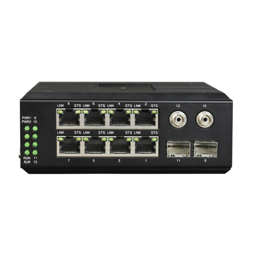 Managed Din-Rail 8 Port Gigabit Ethernet + 4-Port Gigabit Optical Industrial Switch with Bypass