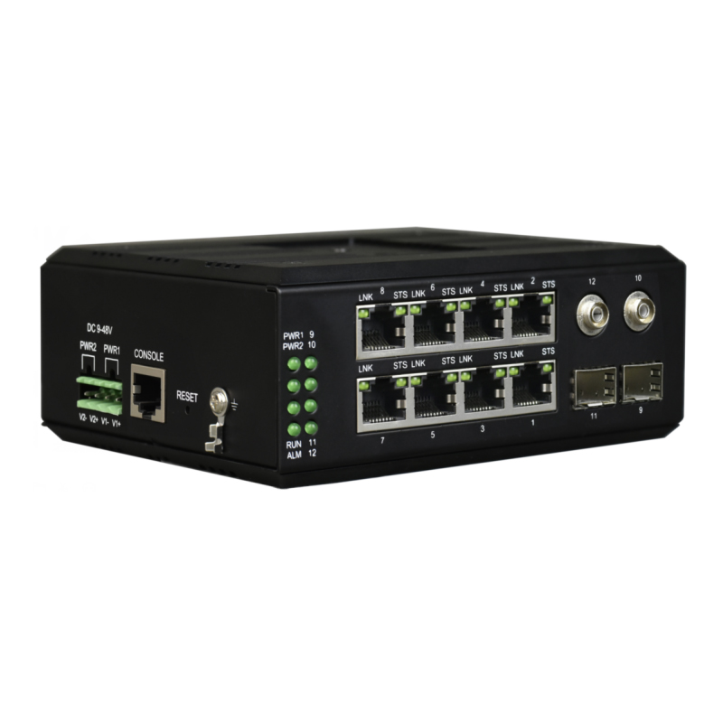 Managed Din-Rail 8 Port Gigabit Ethernet + 4-Port Gigabit Optical Industrial Switch with Bypass