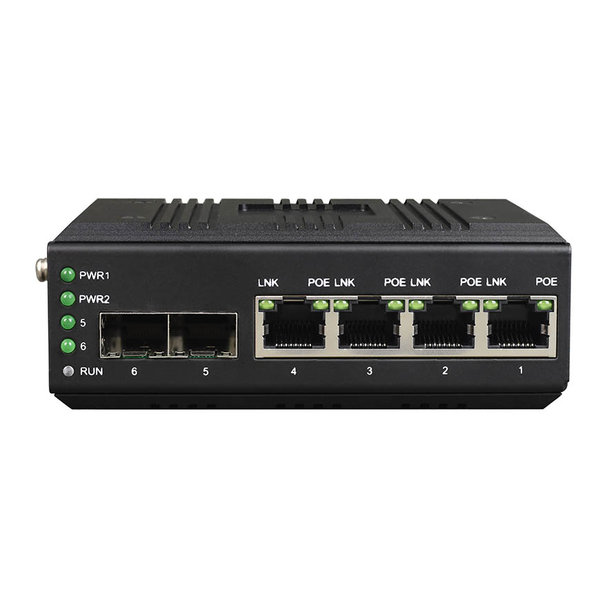 Managed Din-Rail 4-Port 10/100/1000Base-T 802.3af/at POE + 2-Port 1000M SFP Industrial Switch (Dual DC supports POE+)