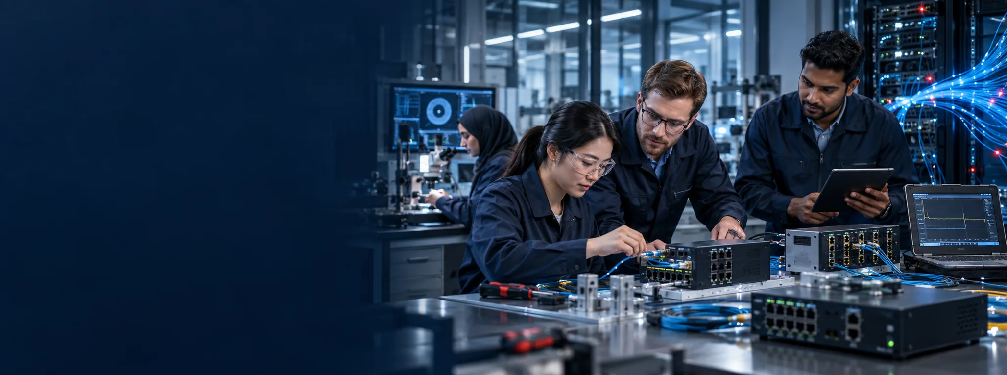 International engineering team developing and testing industrial communications equipment