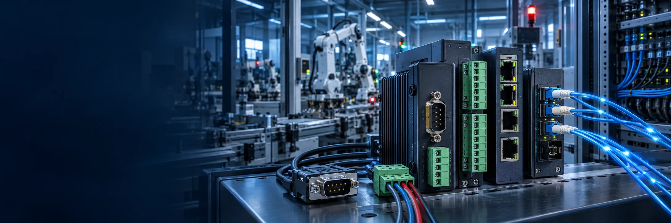 Industrial communications equipment, serial interfaces and fiber optic networking in an automated factory