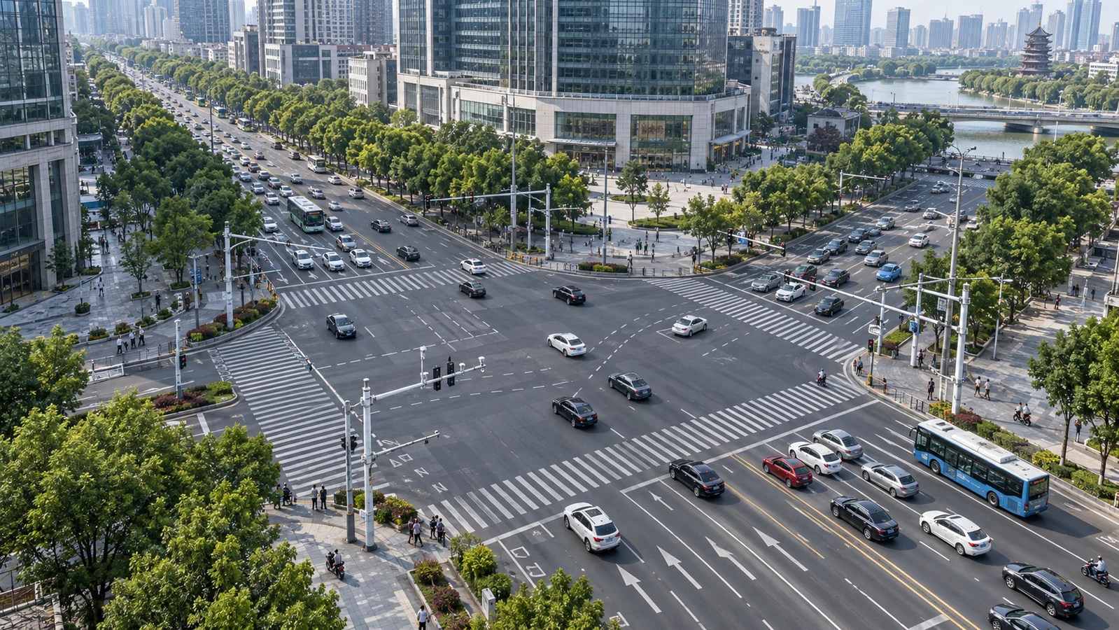 Aerial view of a major urban intersection in Ningbo with smart traffic monitoring infrastructure