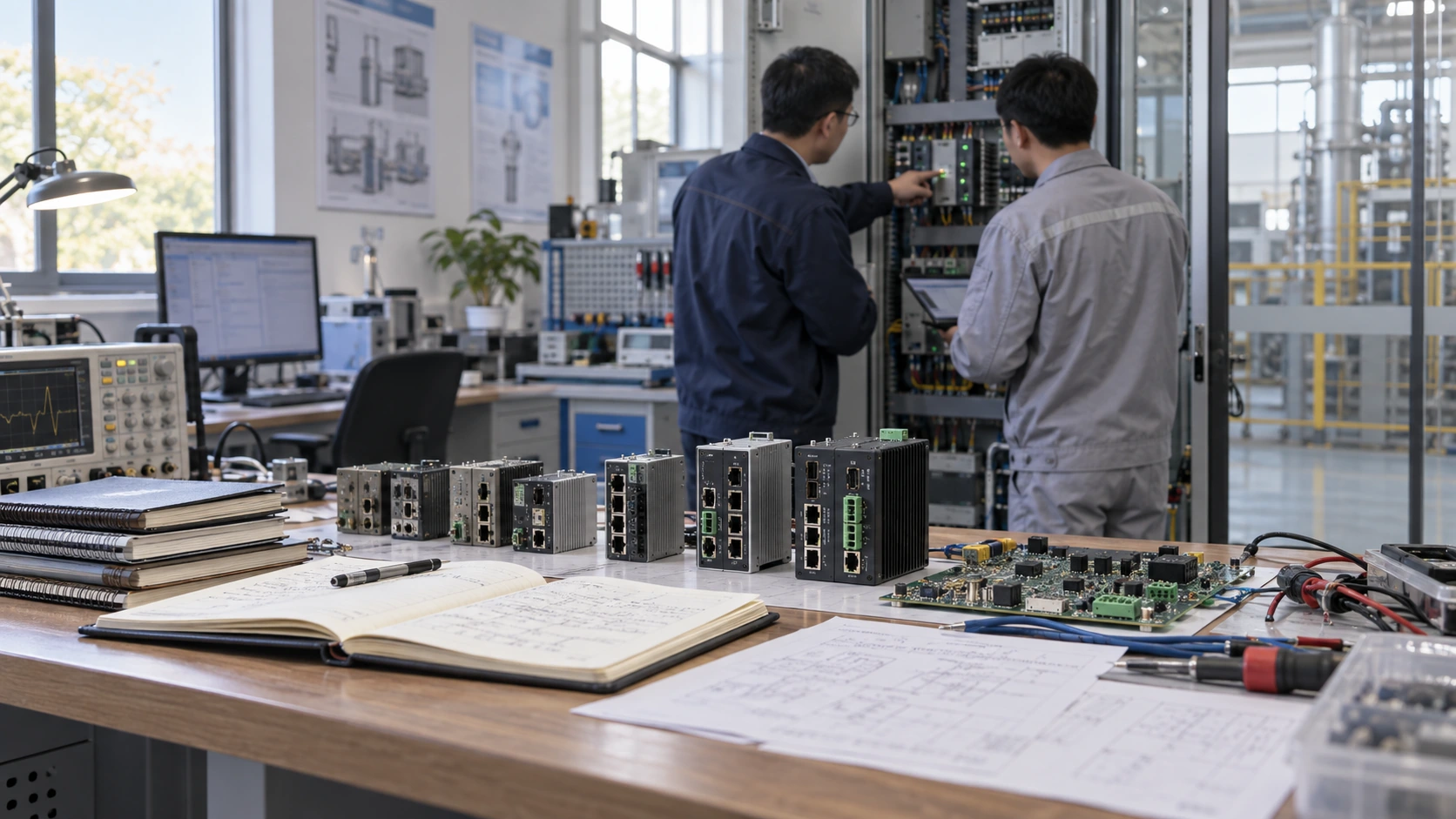 Industrial communication equipment and engineers reviewing an installation