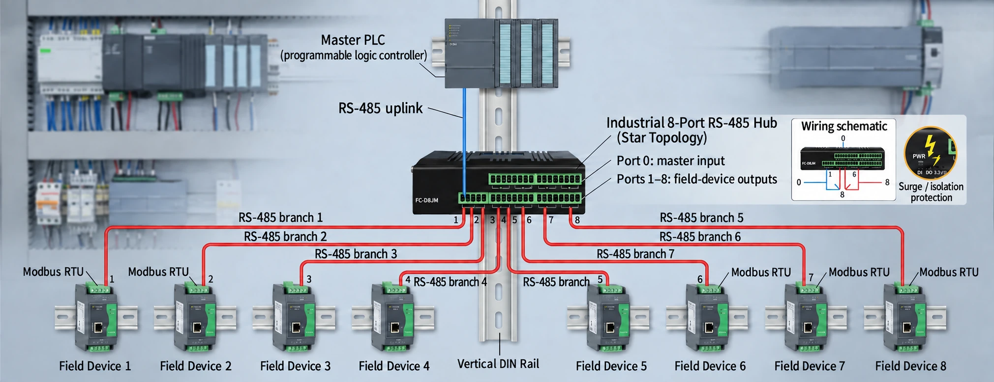 Industrial application with one PLC master, eight independently isolated RS-485 branches and a detected fault on one field cable
