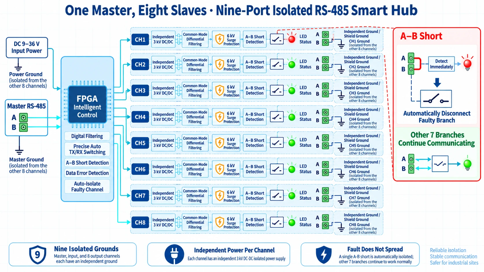 FC-D8JM independent power and ground for each of eight RS-485 branches, with a fault isolated on channel 3