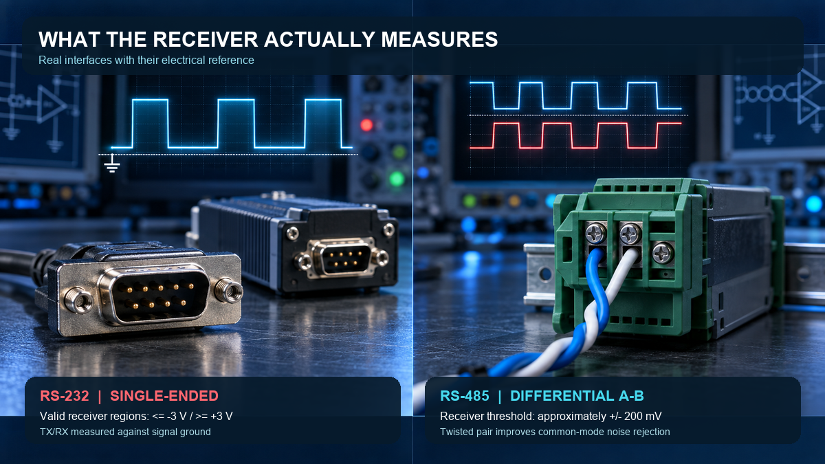 Labelled RS-232 single-ended and RS-485 differential signal levels