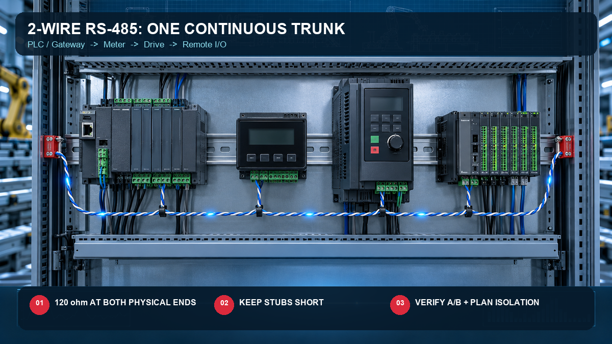 RS-485 daisy-chain trunk with two end terminators and labelled A/B pair