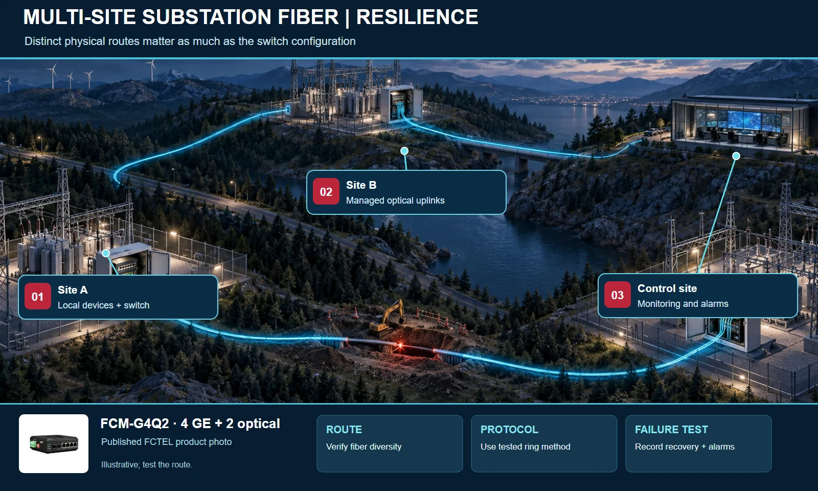 Illustrated multi-site substation network showing fiber route and link failure scenario