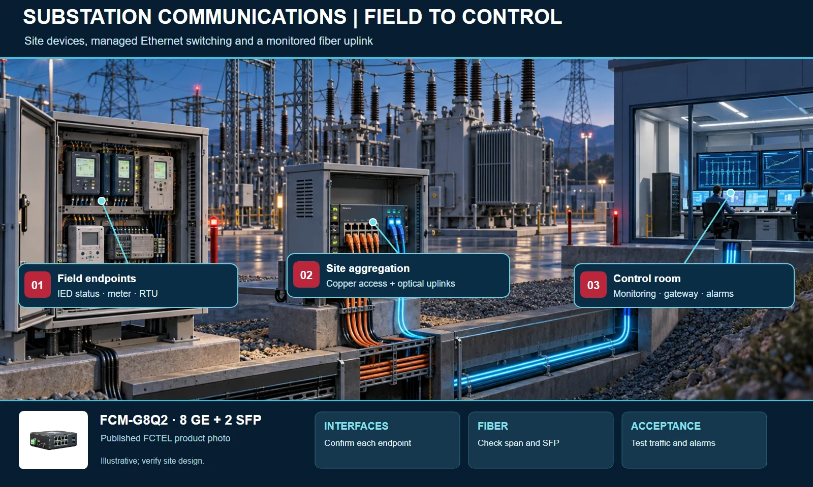 Illustrated substation application showing field equipment, FCTEL switch, fiber route and control room