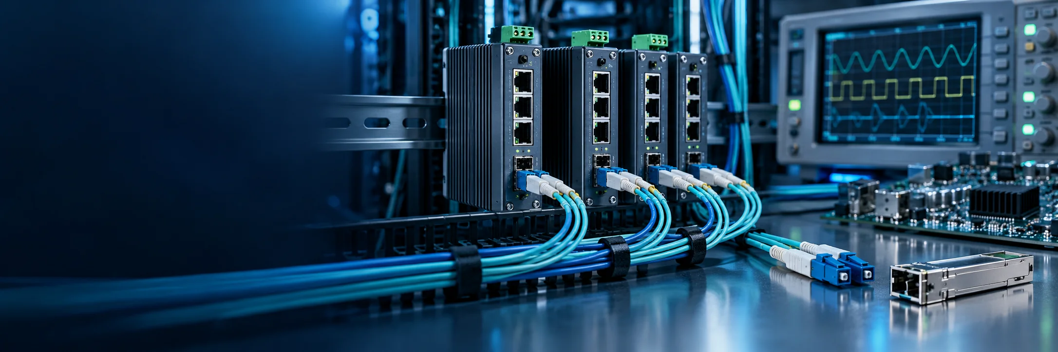 FCTELE Technical Articles Industrial communication equipment, optical fiber connections and signal testing illustration