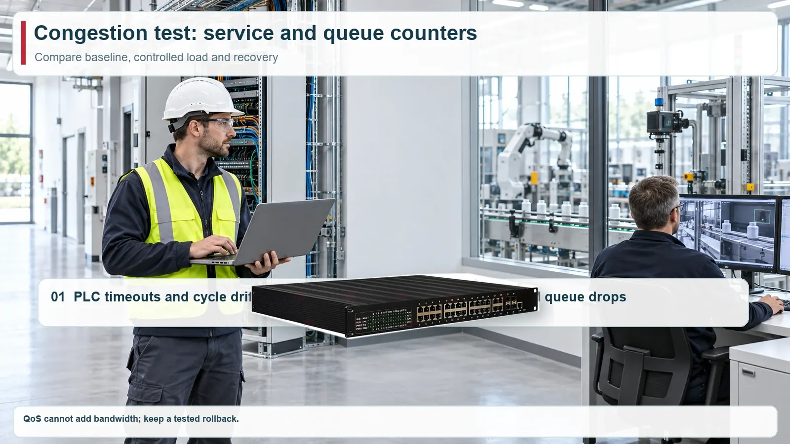Industrial network acceptance scene showing an engineer comparing PLC timeouts, video loss and egress queue discards under controlled congestion