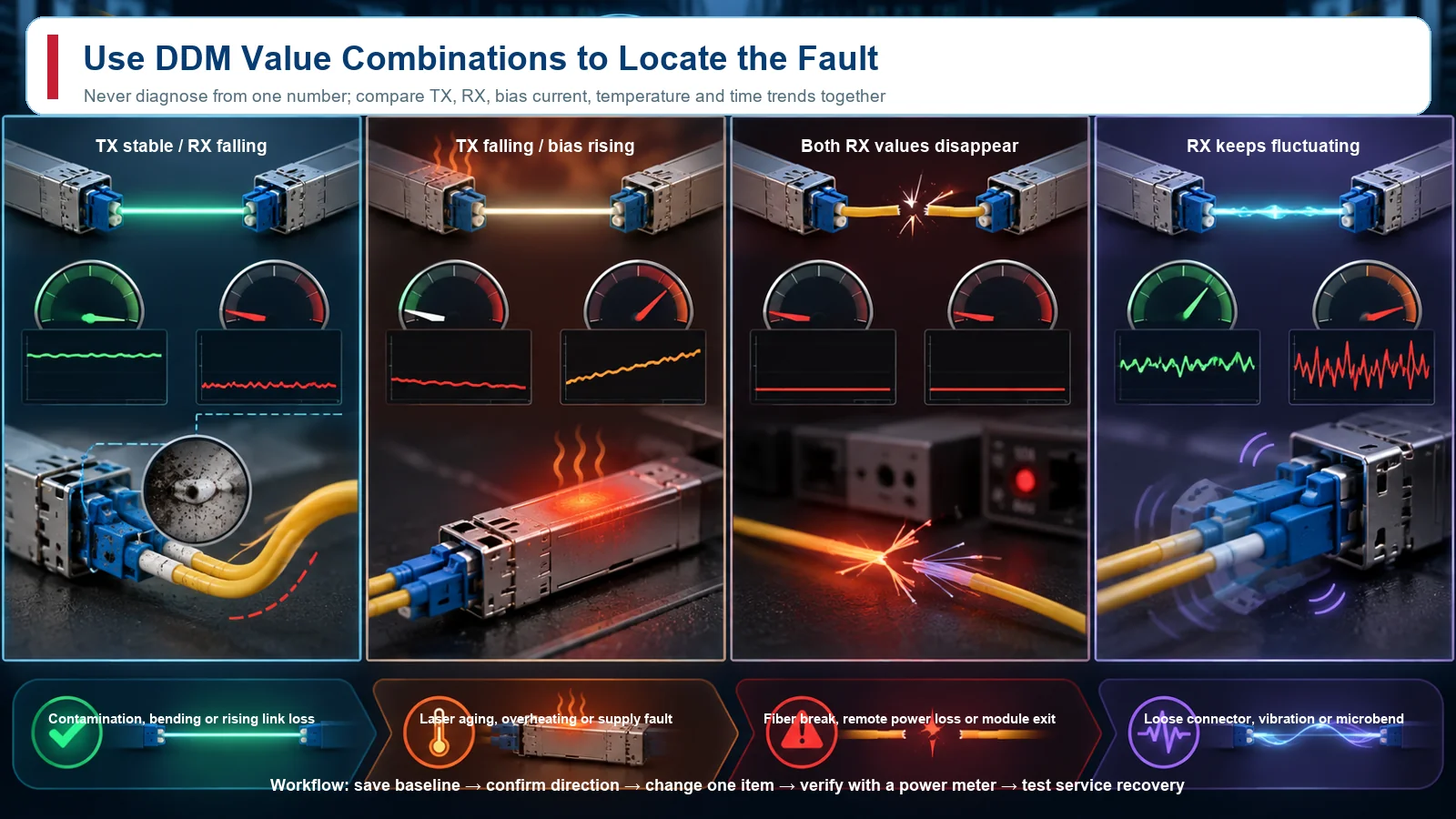 SFP DDM fault diagnosis matrix comparing TX RX bias temperature and time trends for four common optical link faults