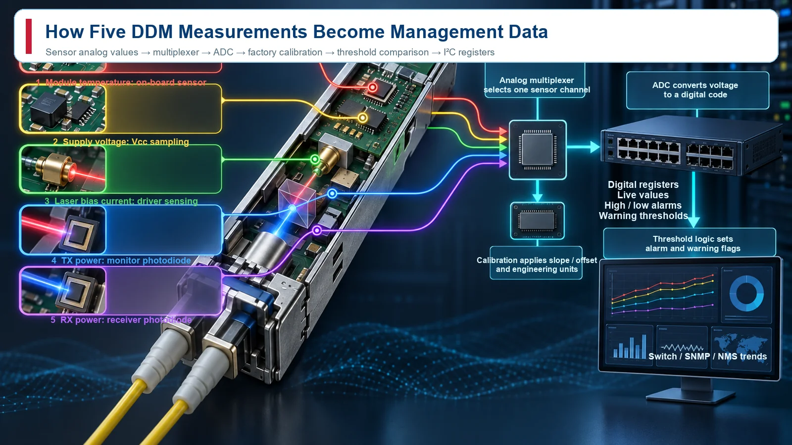 Five SFP DDM measurements converted from analog sensor signals into calibrated registers alarms and network management trends