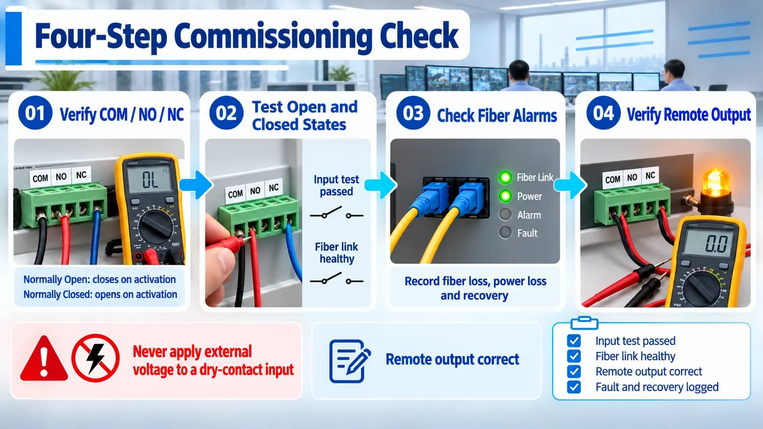Four-step commissioning check for a dry-contact fiber optic I/O extender
