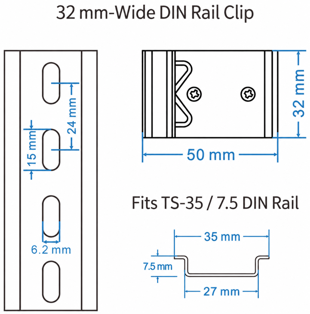 FCT-1500 DIN rail clip dimensions