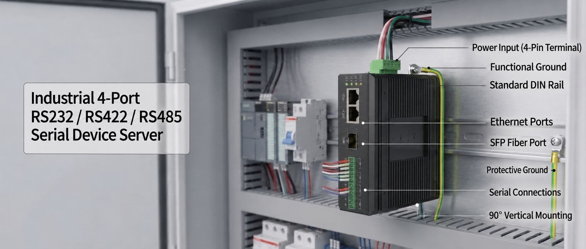 FCT-1500 industrial serial device server installation and interface labels
