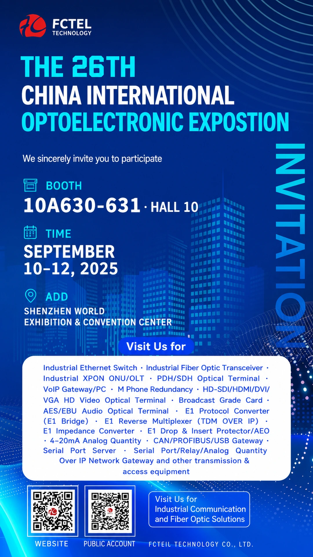 See you in Shenzhen in September! FCTEL sets up a ‘Technology Exchange Station’ at the Optoelectronics Exhibition to address needs and provide guides See you in Shenzhen in September! FCTEL sets up a ‘Technology Exchange Station’ at the Optoelectronics Exhibition to address needs and provide guides