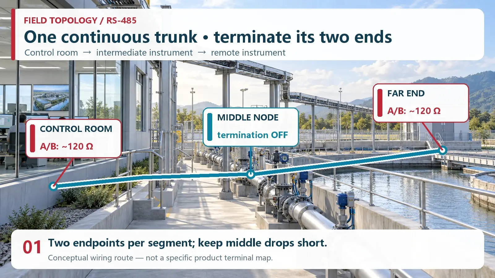 RS-485 trunk across a bright water-treatment facility, terminated at its two physical ends with the middle node un-terminated