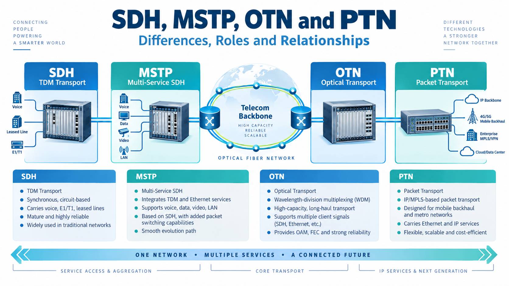SDH, MSTP, OTN and PTN: Differences and Relationships