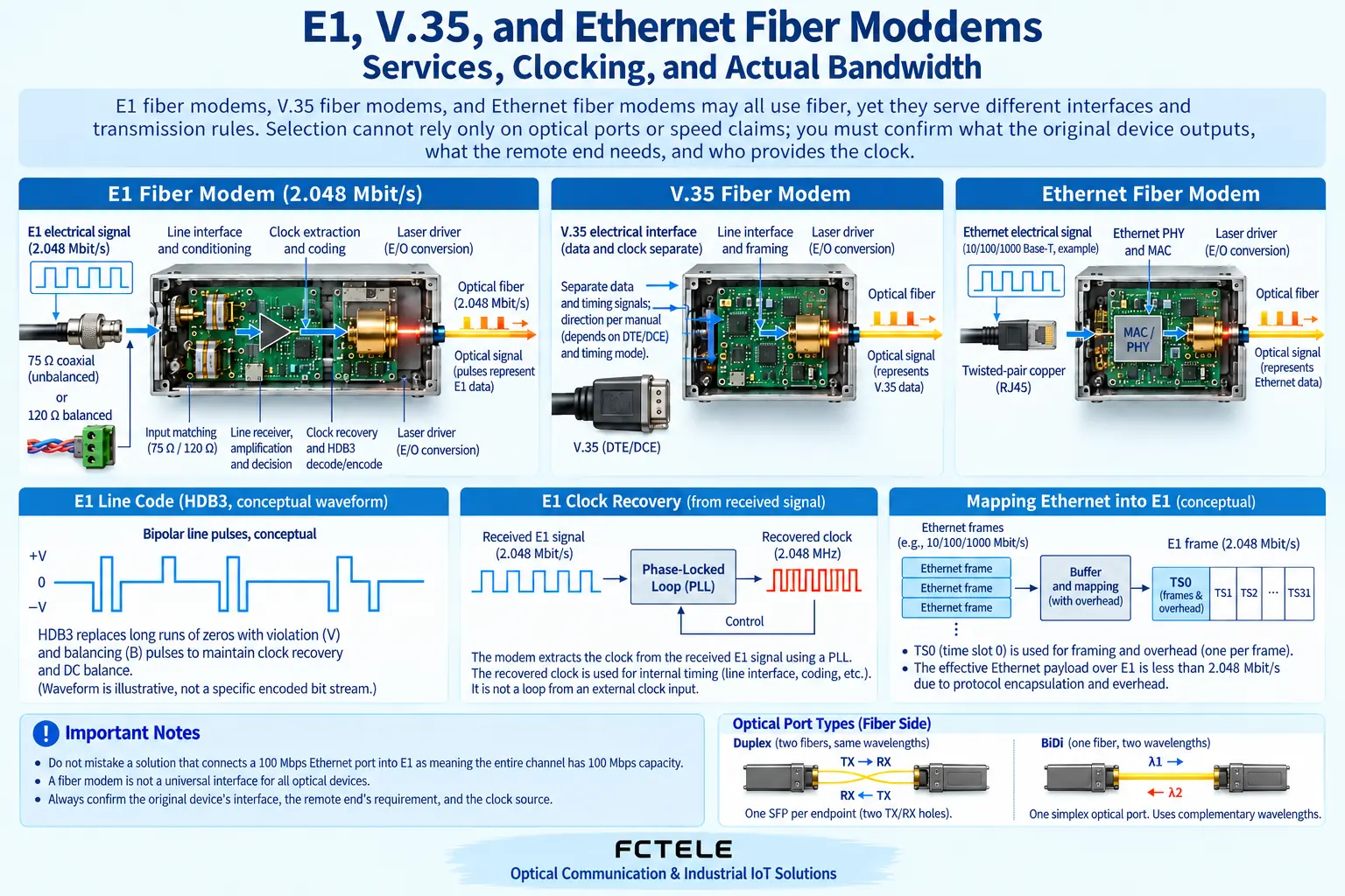 E1 electrical interfaces and optical transmission need to match; framed and unframed capabilities should be confirmed according to the delivered configuration.