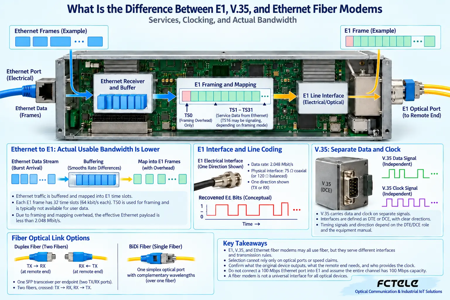 A 100 Mbps network port does not increase E1 channel capacity; V.35 also requires checking synchronous clock and roles.