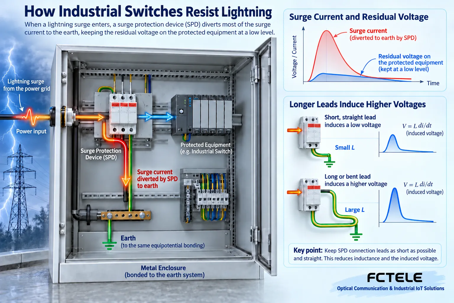 Surge protective device diverting current and limiting voltage, with connecting lead inductance affecting residual voltage