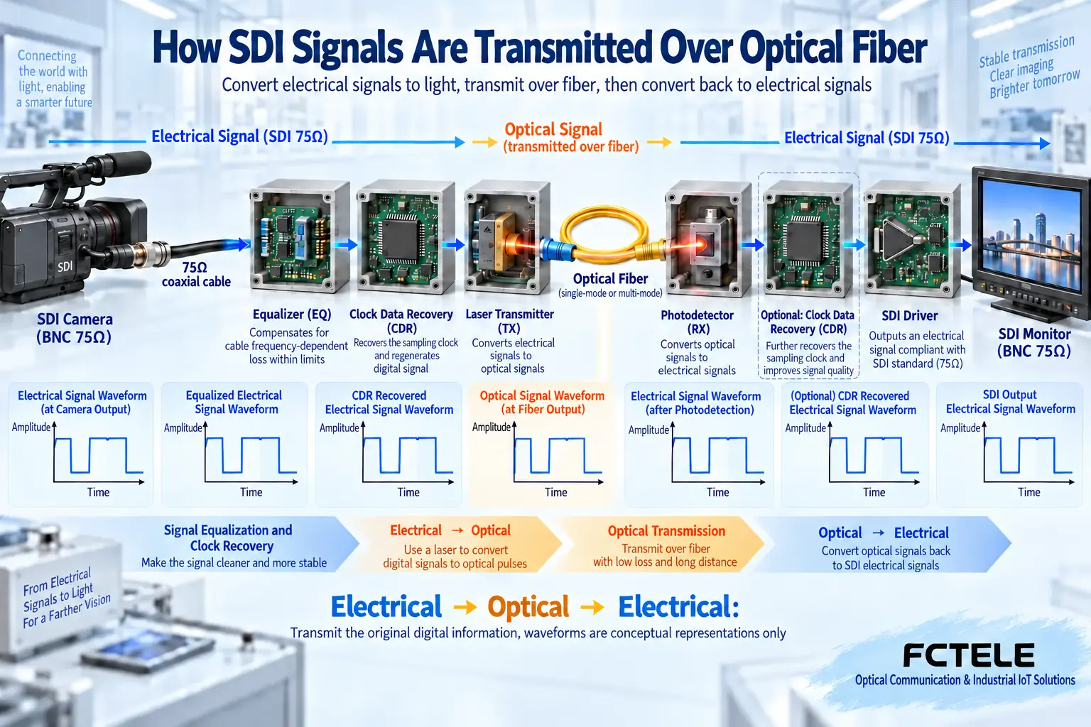 The coaxial input goes through equalization and necessary clock processing, then electrical-to-optical transmission and output driving; the internal position may differ among models.