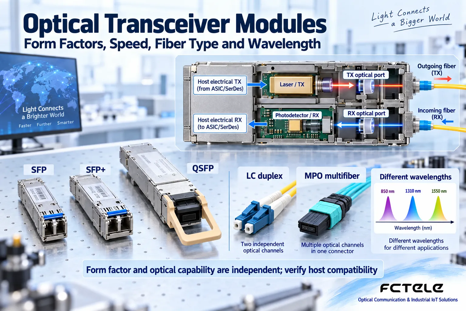 Package form and internal optical capability are different classification dimensions. The illustrated module does not mean any host supports it.