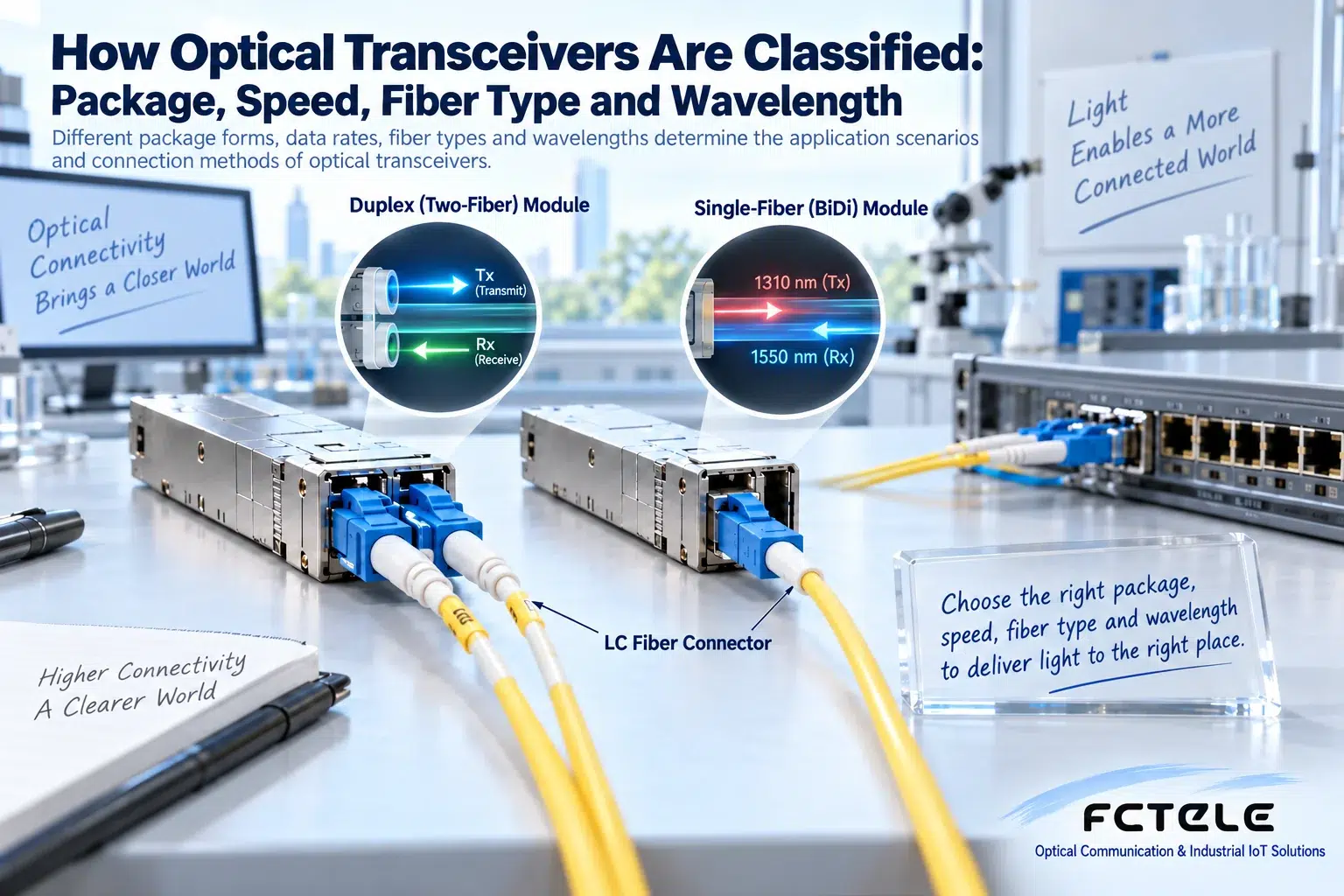 Dual-fiber splits into two directions, while single-fiber BiDi uses complementary wavelengths; the matching relationship is confirmed by the specific module's optical specifications.