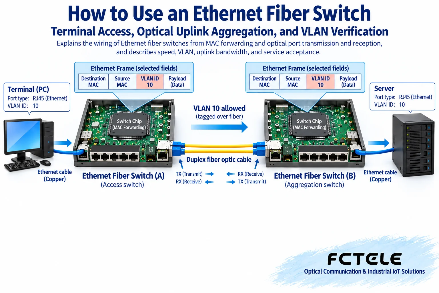 Terminal access ports and switch uplink ports handle untagged frames and VLAN-tagged frames respectively.