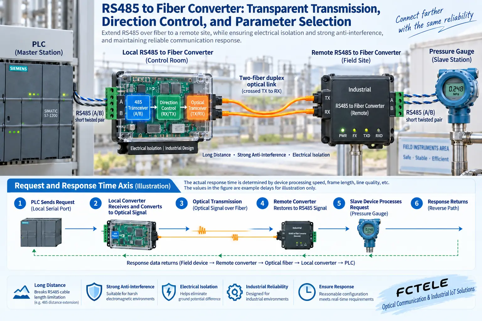Requests and responses cross the serial port, converter, and fiber; direction control and the overall response time together determine whether polling can run stably.