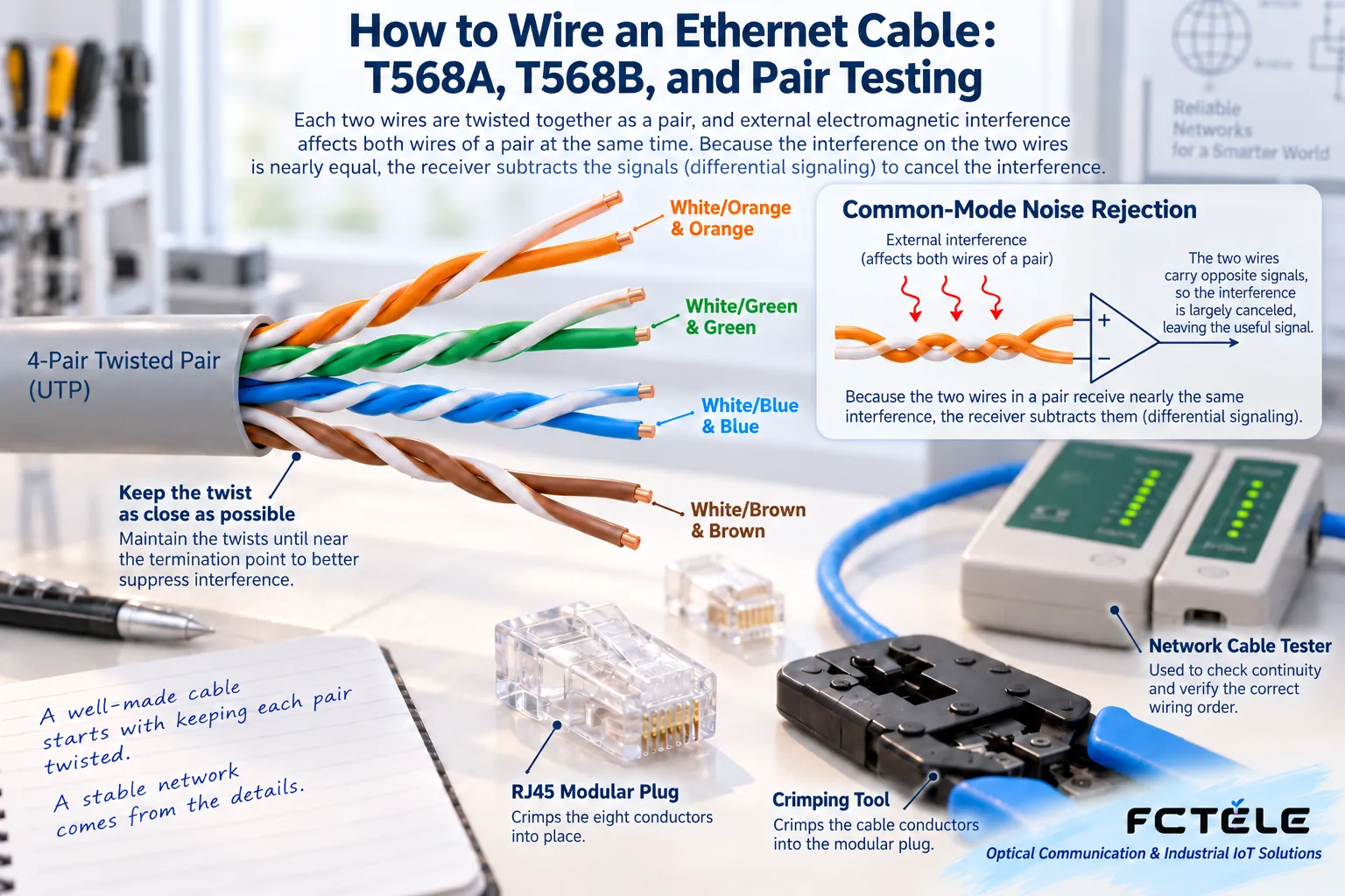 Twisted-pair cable works in units of pairs; during termination, do not split pairs arbitrarily, and keep the twist as close to the connection point as possible.