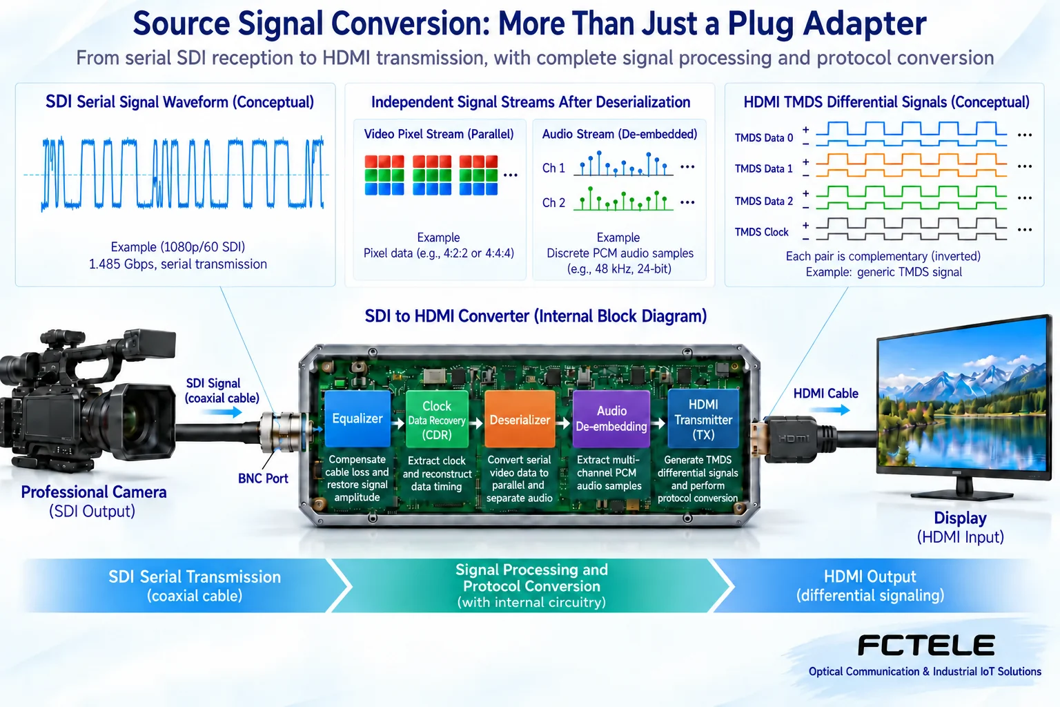 After SDI reception, deserialization, and applicable audio de-embedding, the signal is sent to the HDMI transmit circuit; this is active conversion.