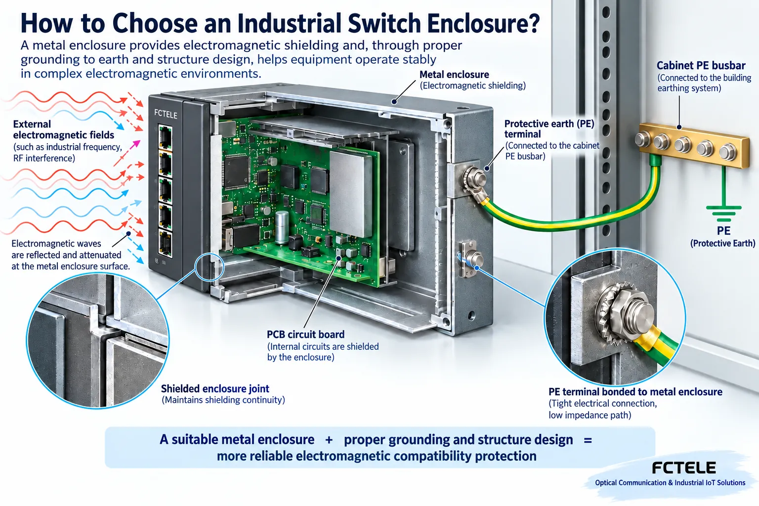 Diagram of a shielding path from a metal enclosure, seams, and a dedicated grounding terminal to the cabinet protective grounding bar