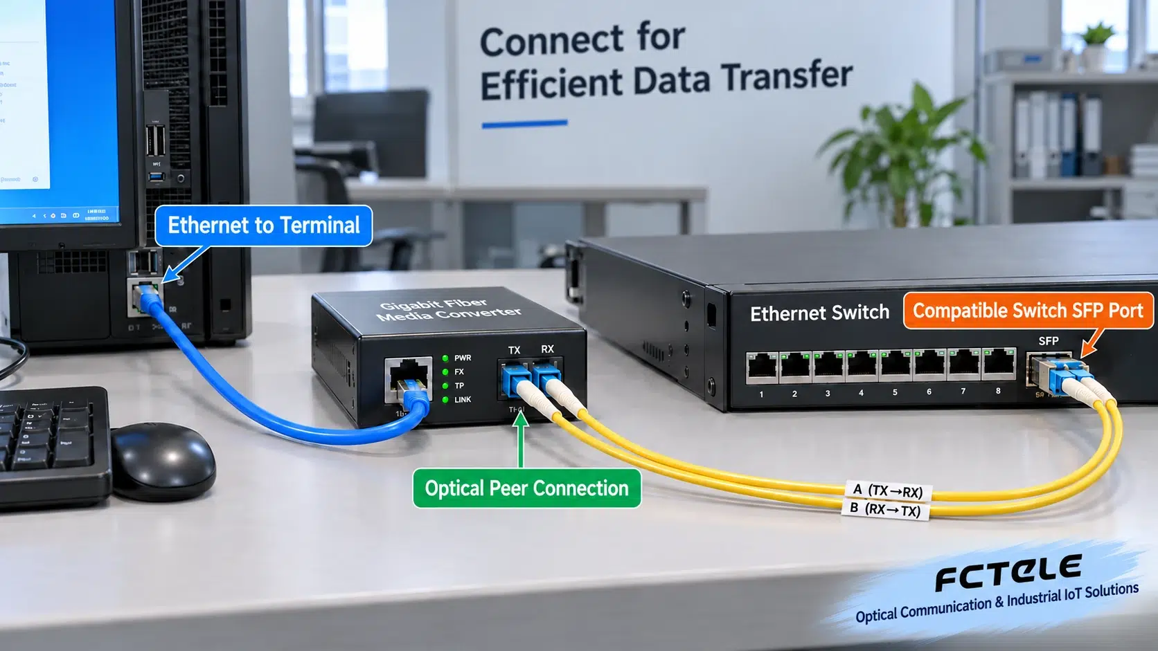 An external media converter can connect to a switch with a compatible optical port; whether it can be used depends on the link specifications, not the number of boxes.