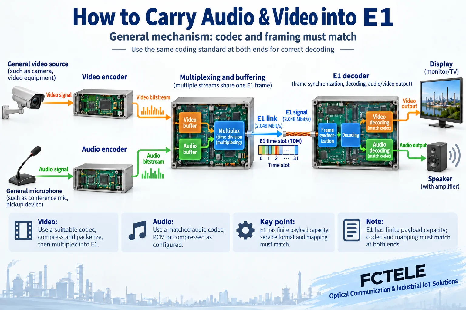 Video and audio are encoded, multiplexed and framed for E1 transmission, then demultiplexed and decoded by service at the far end