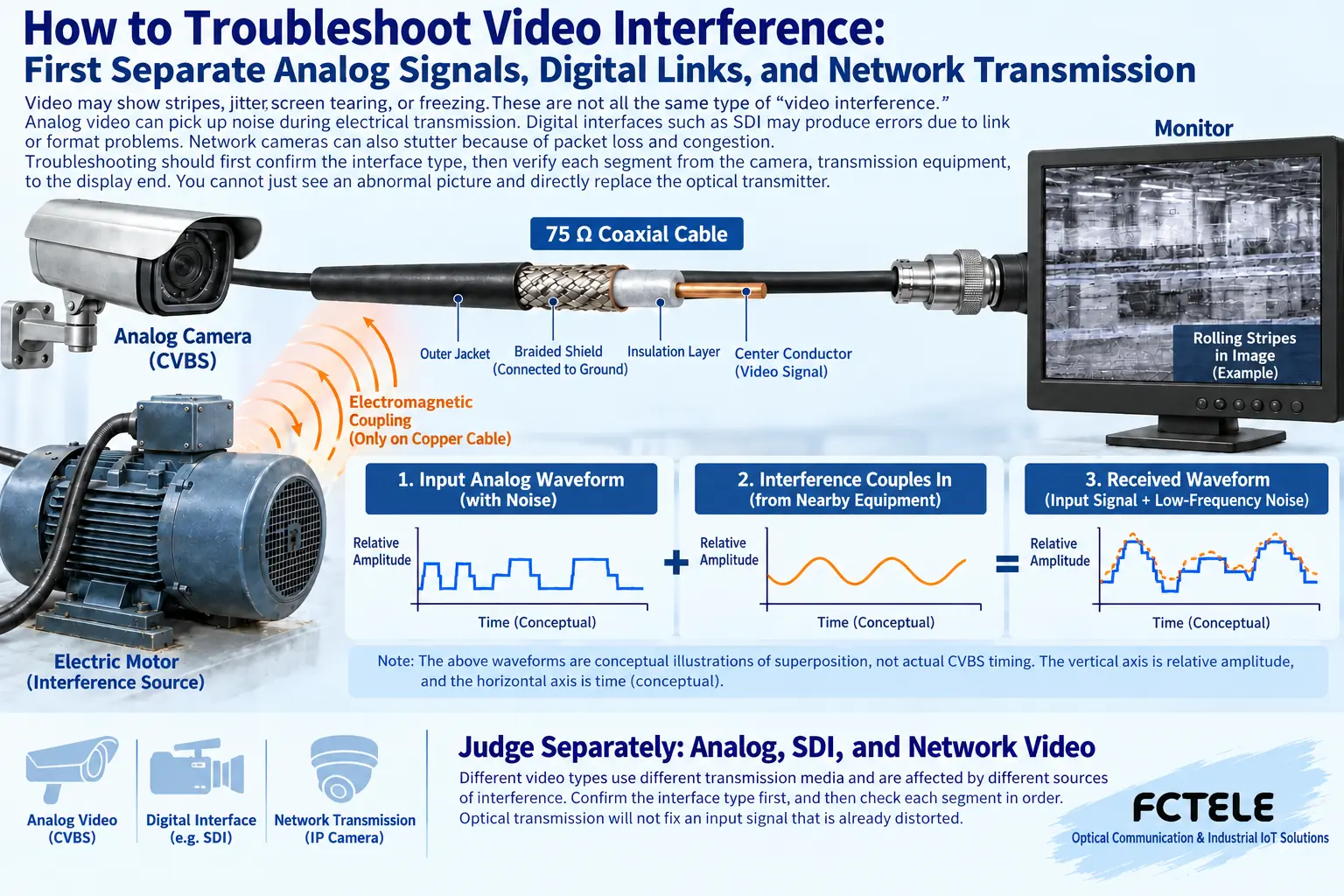 When analog video is subject to electrical interference on copper cable, the input waveform may already be distorted; optical transmission cannot restore lost detail out of thin air.