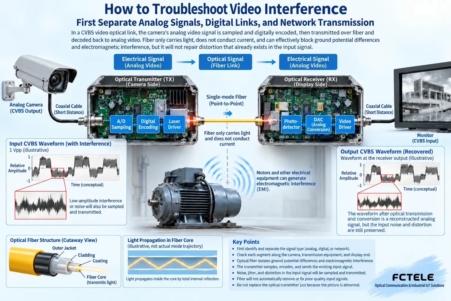 A video optical transmitter converts a matching electrical interface into an optical signal and then restores the electrical interface; fiber isolation does not equal cutting off protective grounding.