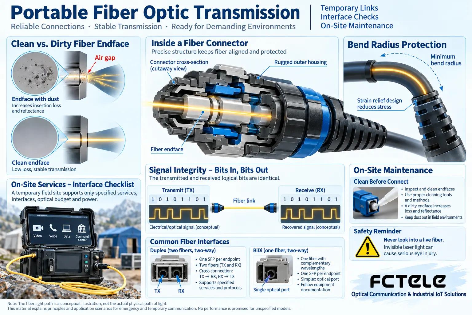 End-face cleaning, bend radius, and strain relief directly affect the reliability of a temporary optical path.