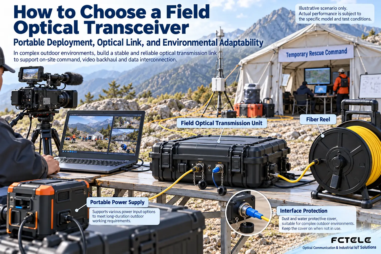 Non-military emergency communication scenario illustration: portable equipment, cable reel, terminals, and power together form an on-site optical link.