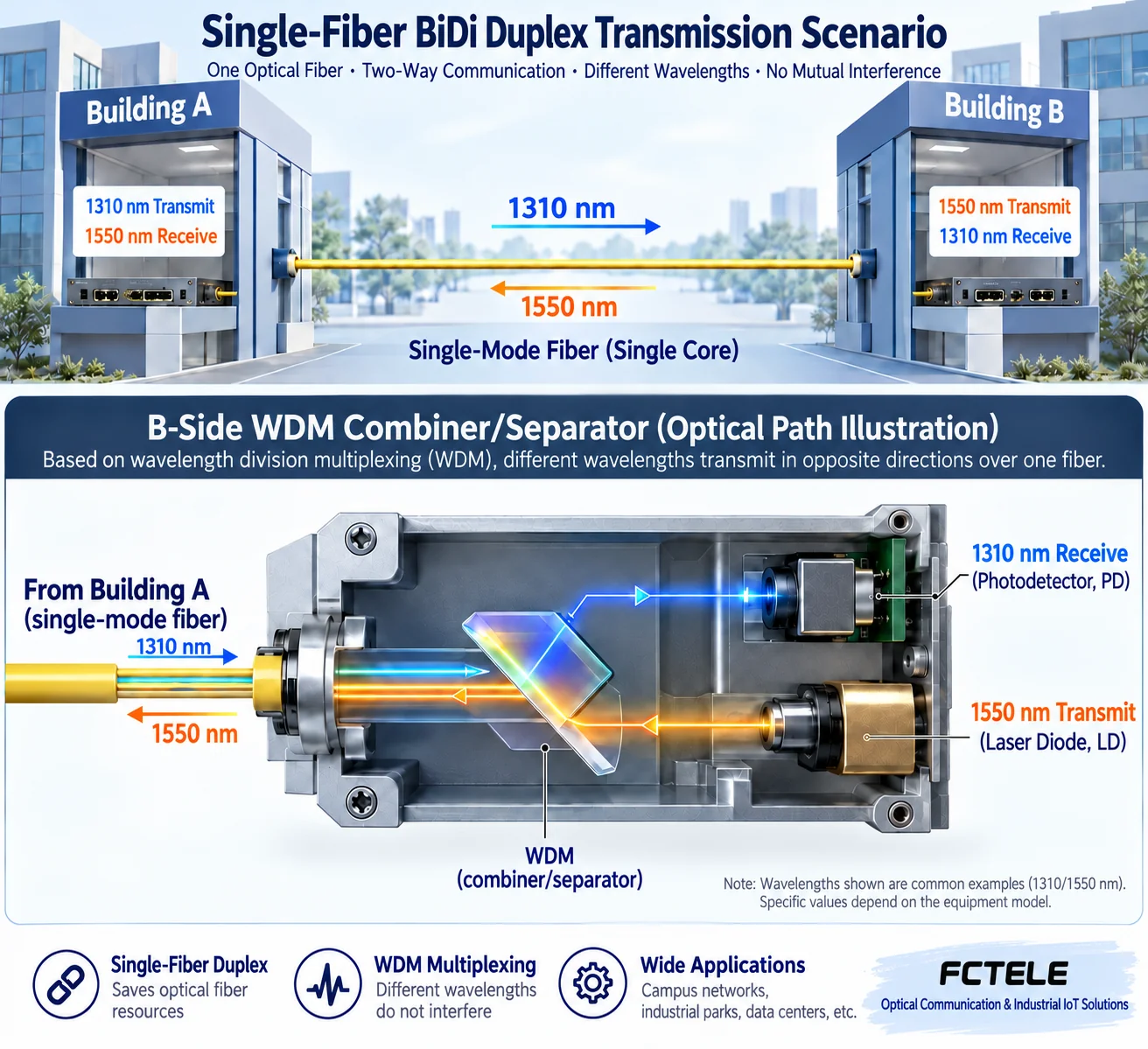 Both endpoints transmit and receive over one fiber using complementary example wavelengths