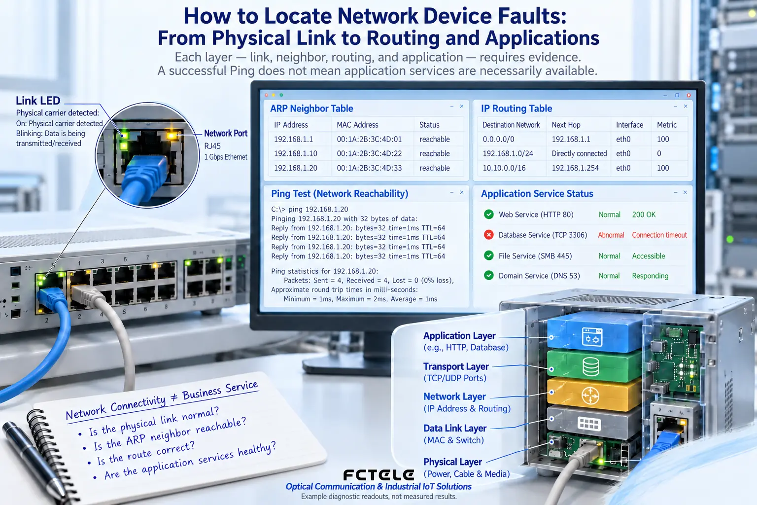 Links, neighbors, routes, and applications each need evidence; a successful Ping does not mean the business service is definitely available.