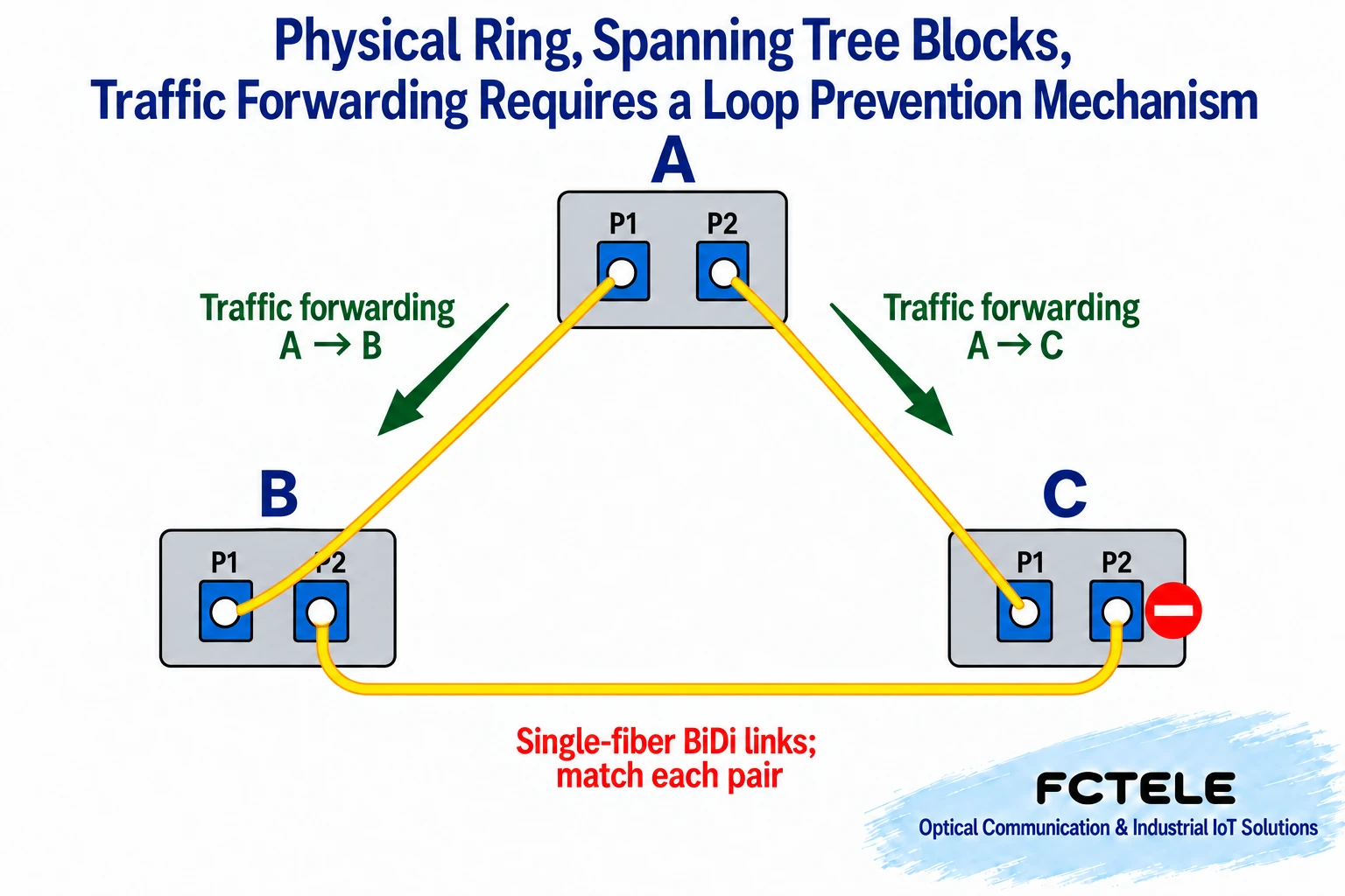 One backup path in a physical loop does not forward service, avoiding an uncontrolled Layer 2 loop.